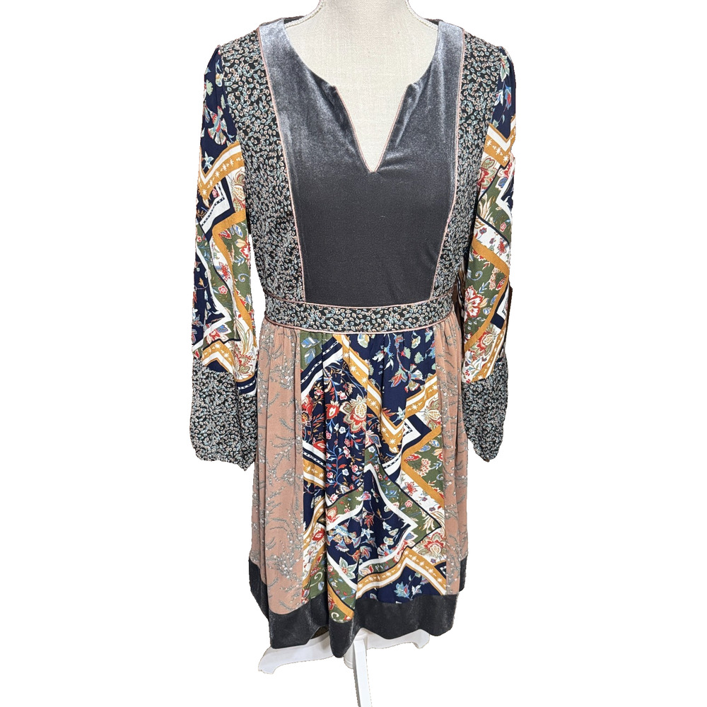 Mystree Dress Patchwork Velvet front Fall boho peasant gypsy festival sz M
